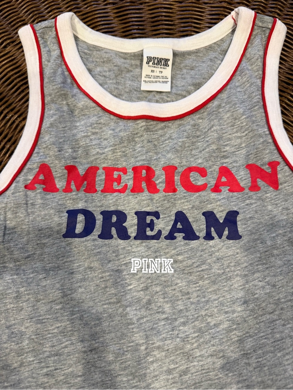 PINK Victoria's Secret Gray Tank Top with Red & Navy Lettering